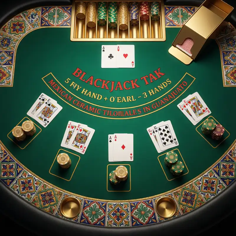 Mesa de blackjack profesional con cartas desplegadas y fichas de casino con diseño mexicano