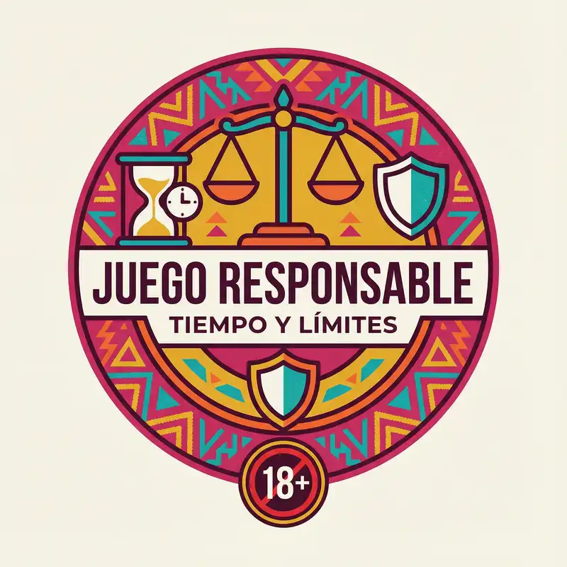Insignia de juego responsable con balanza, reloj y escudo de protección 18+